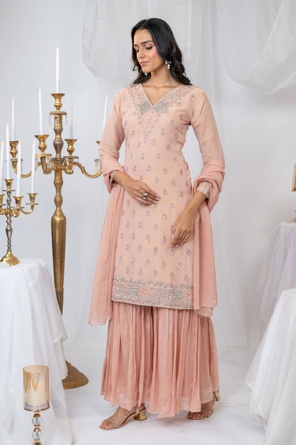 Light Peach Suit Set with Cutdana and Moti Work