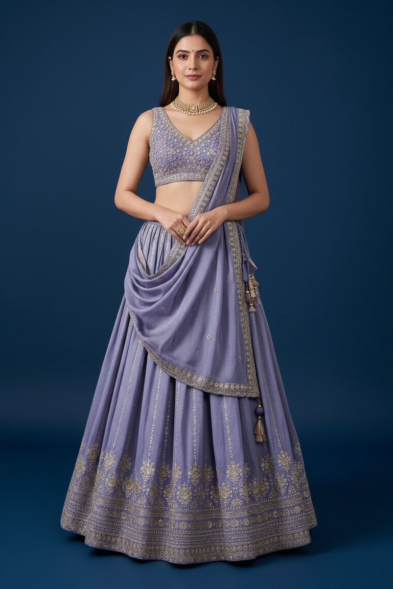 Lavender Blue Silk Lehenga Choli
