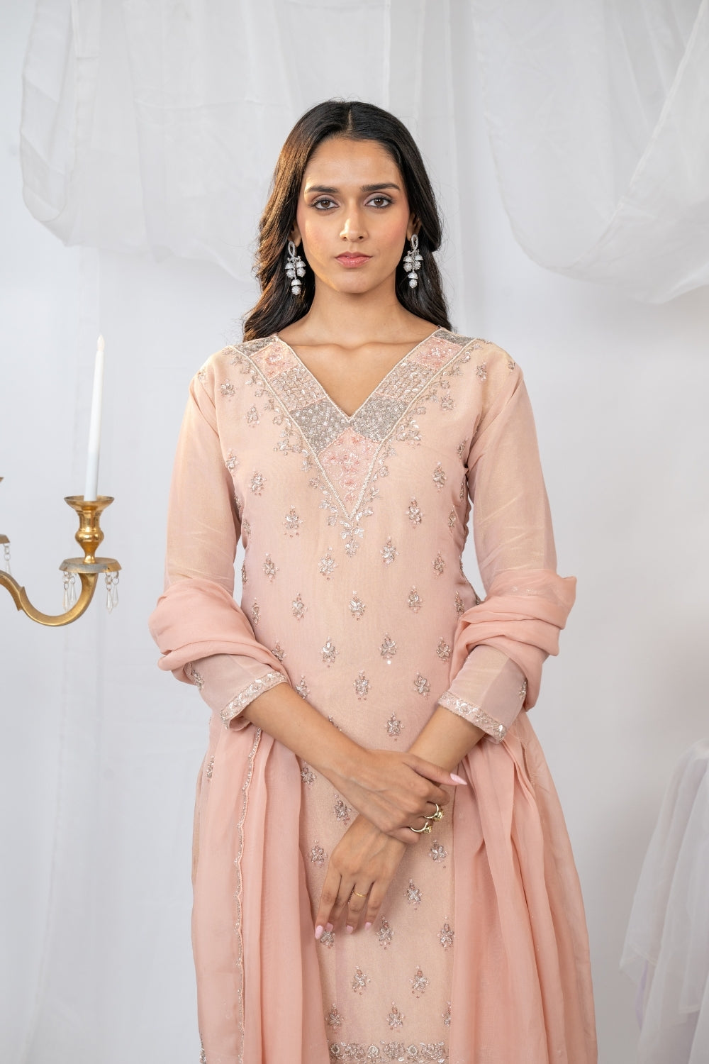 Light Peach Suit Set with Cutdana and Moti Work