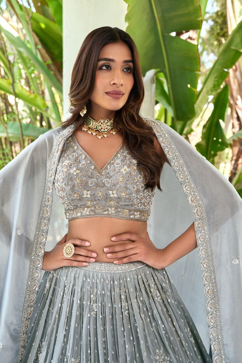 Light Grey Silk Lehenga Choli with V Neck and Hand Embroidery