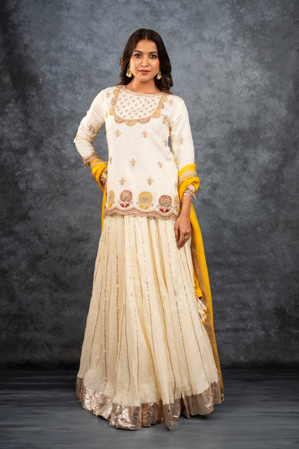 Cream crush silk zardozi embroidered Indo-western with gota pat