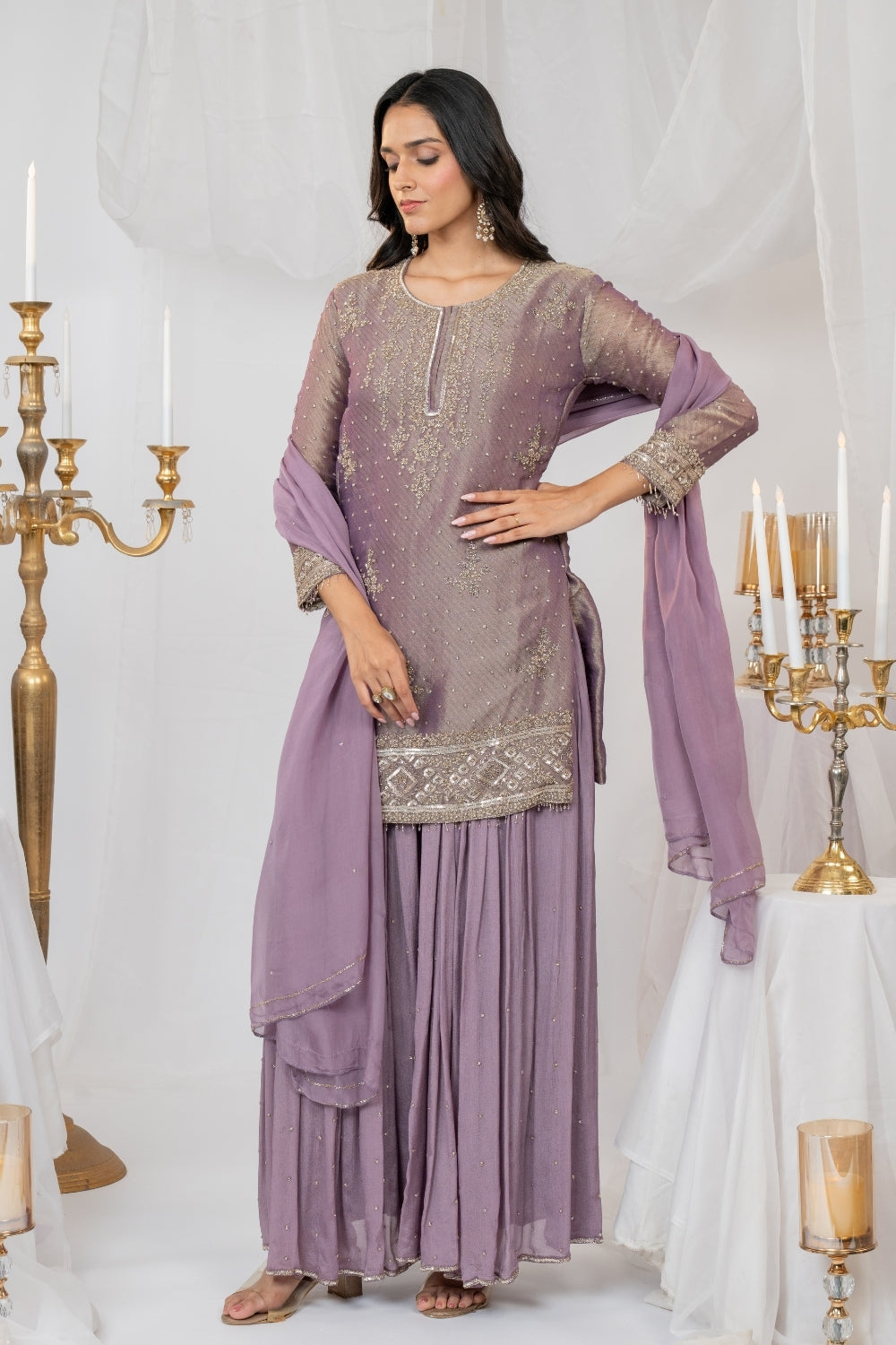 Light Purple Tissue Suit Set with Moti and Cutdana Work