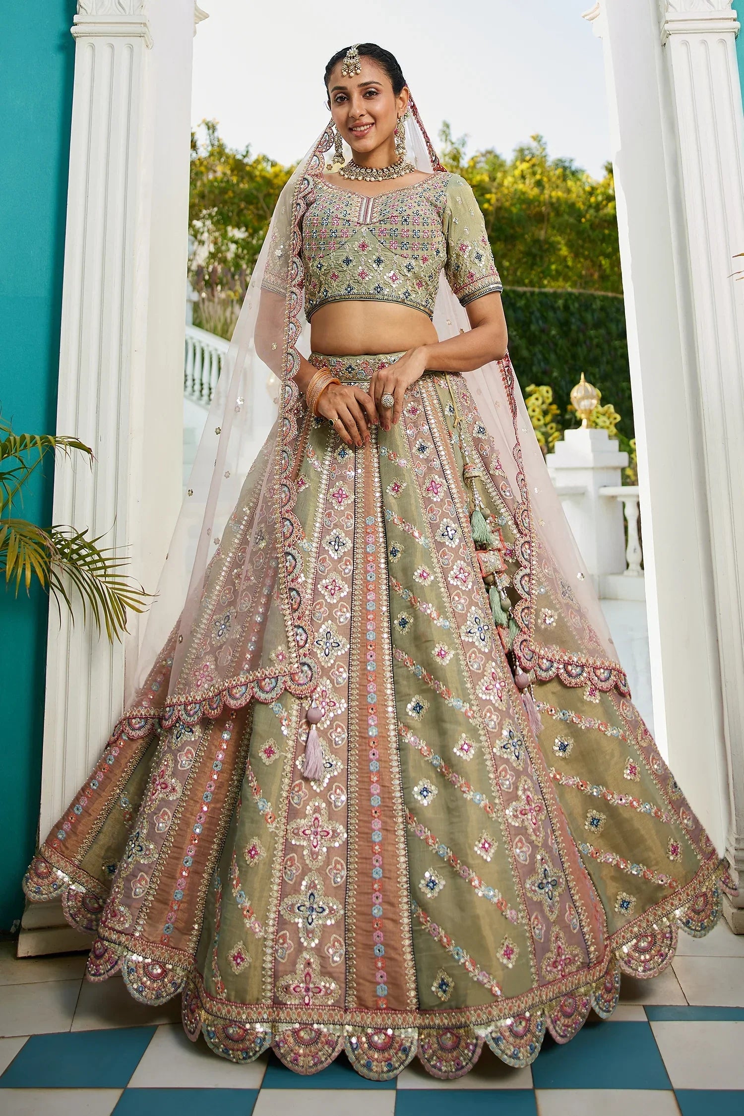 Green Tissue Embroidered Lehenga in Green & Multi Color with Sequin and Scallop Detailing