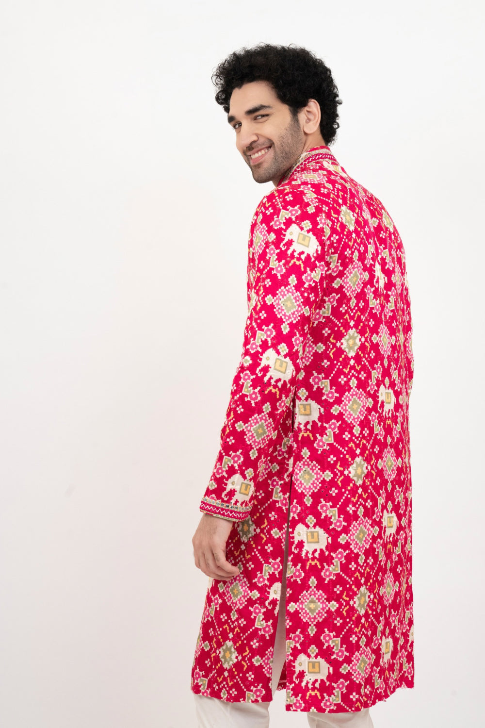 Fuchsia pink resham embroidered satin linen kurta set with kasab and mirror work