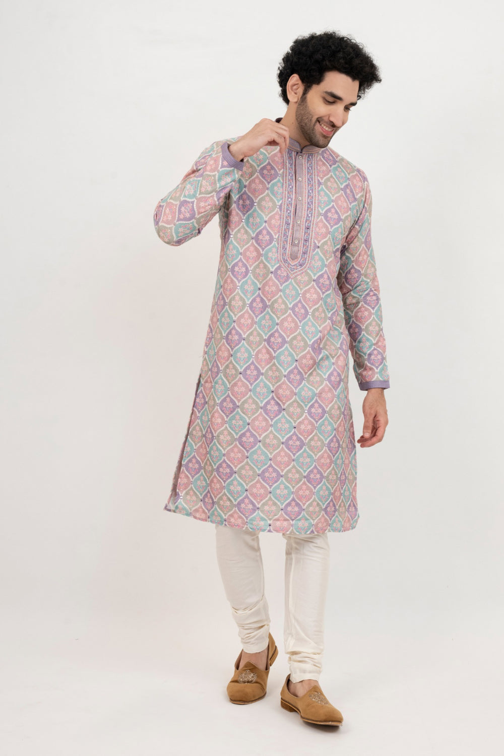 Multicolour lucknowi position print kurta set with mirror and thread work on yoke