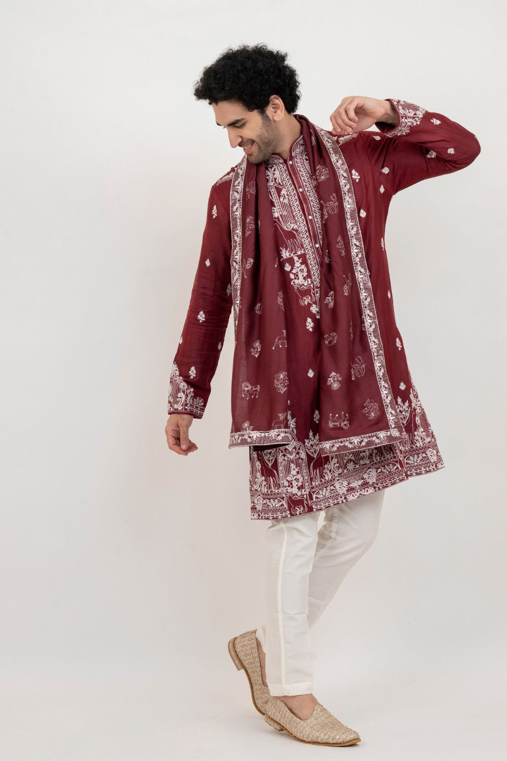 Burgandy resham embroidered malai silk kurta set with sequin and stone work