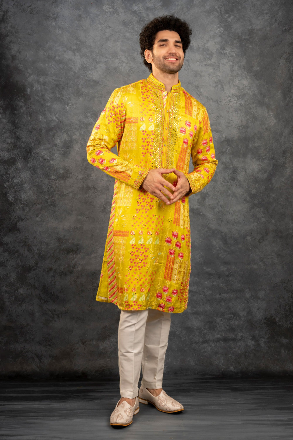 Yellow printed silk kurta set with mirror embroidery