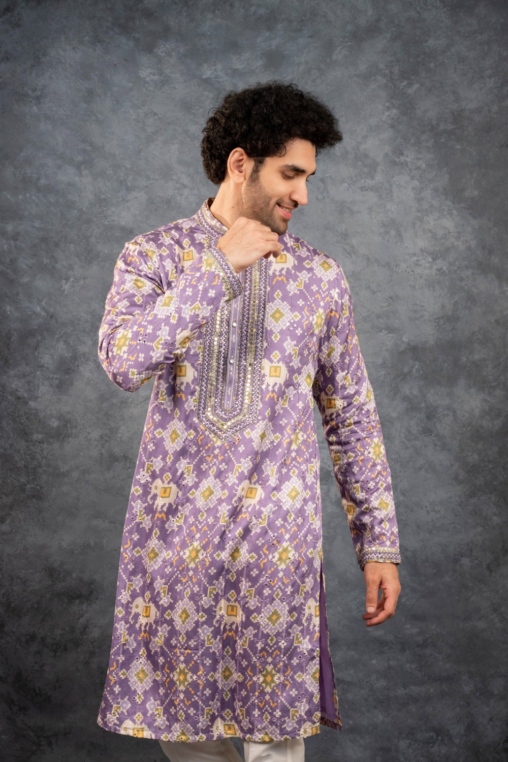 Lilac printed silk kurta set with mirror embroidery