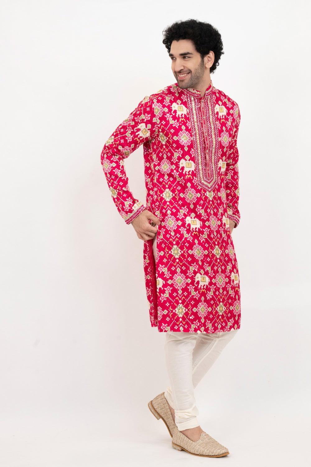 Fuchsia pink resham embroidered satin linen kurta set with kasab and mirror work