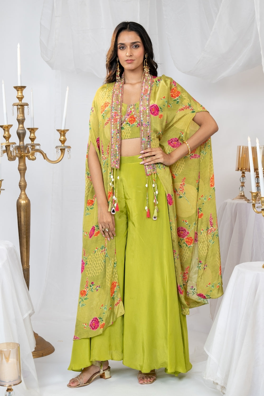 Green Crepe Silk Indo Western with Sequins and Zardosi Work