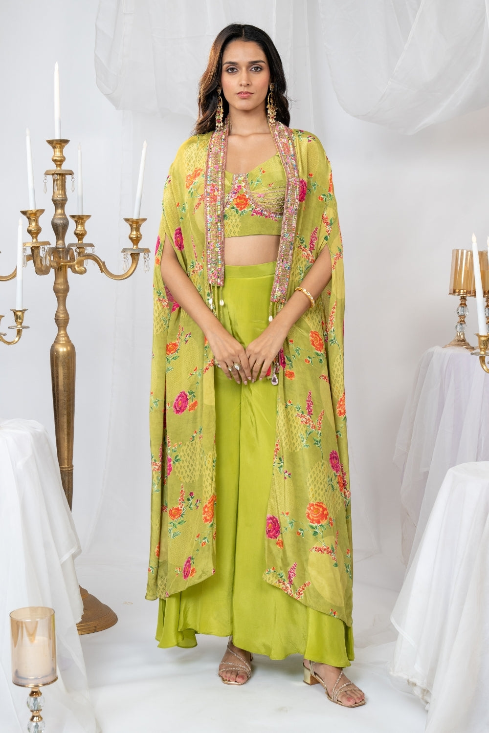 Green Crepe Silk Indo Western with Sequins and Zardosi Work