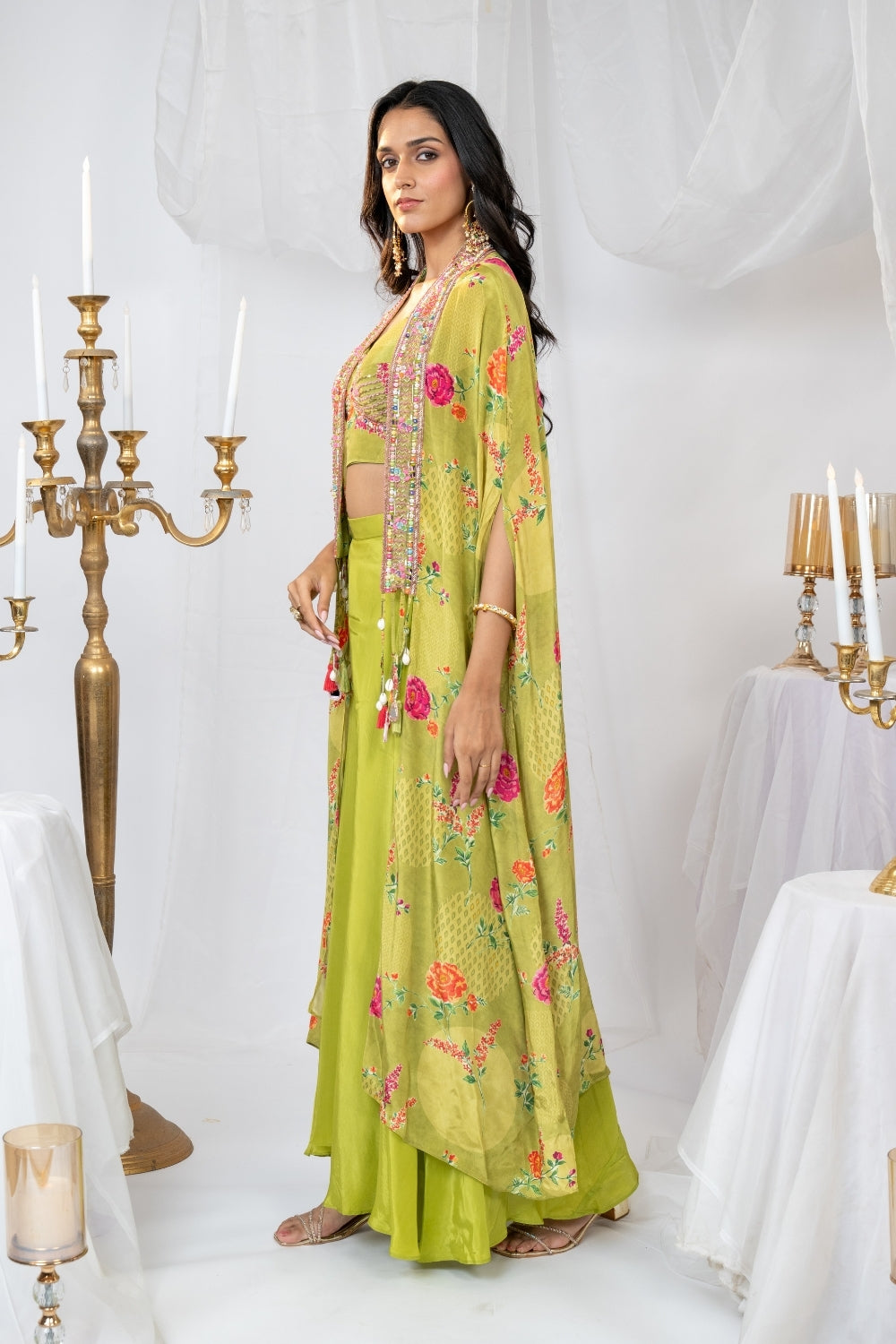 Green Crepe Silk Indo Western with Sequins and Zardosi Work