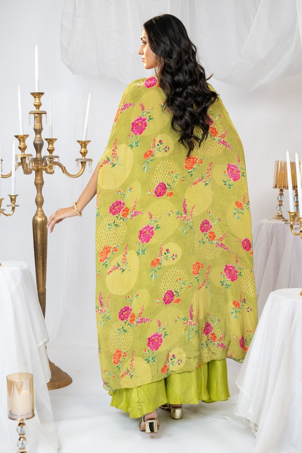 Green Crepe Silk Indo Western with Sequins and Zardosi Work