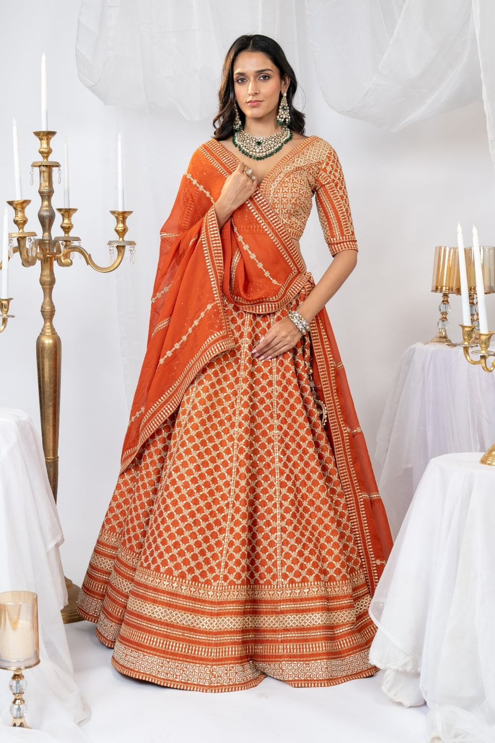 Rust Raw Silk Lehenga Choli Set with Pearl and Moti Work