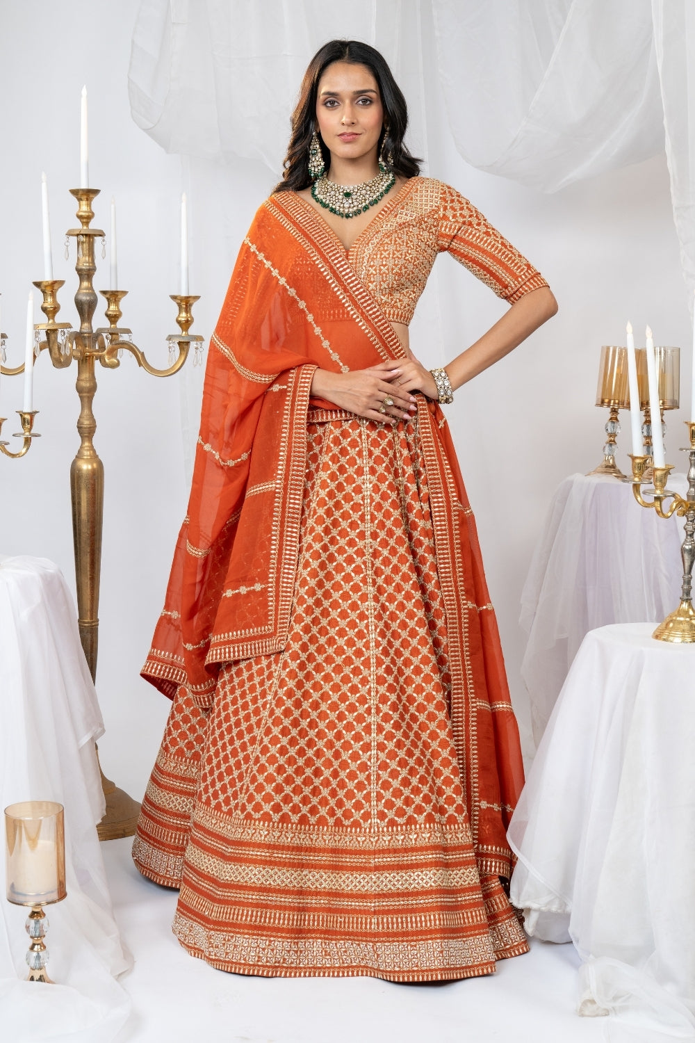 Rust Raw Silk Lehenga Choli Set with Pearl and Moti Work