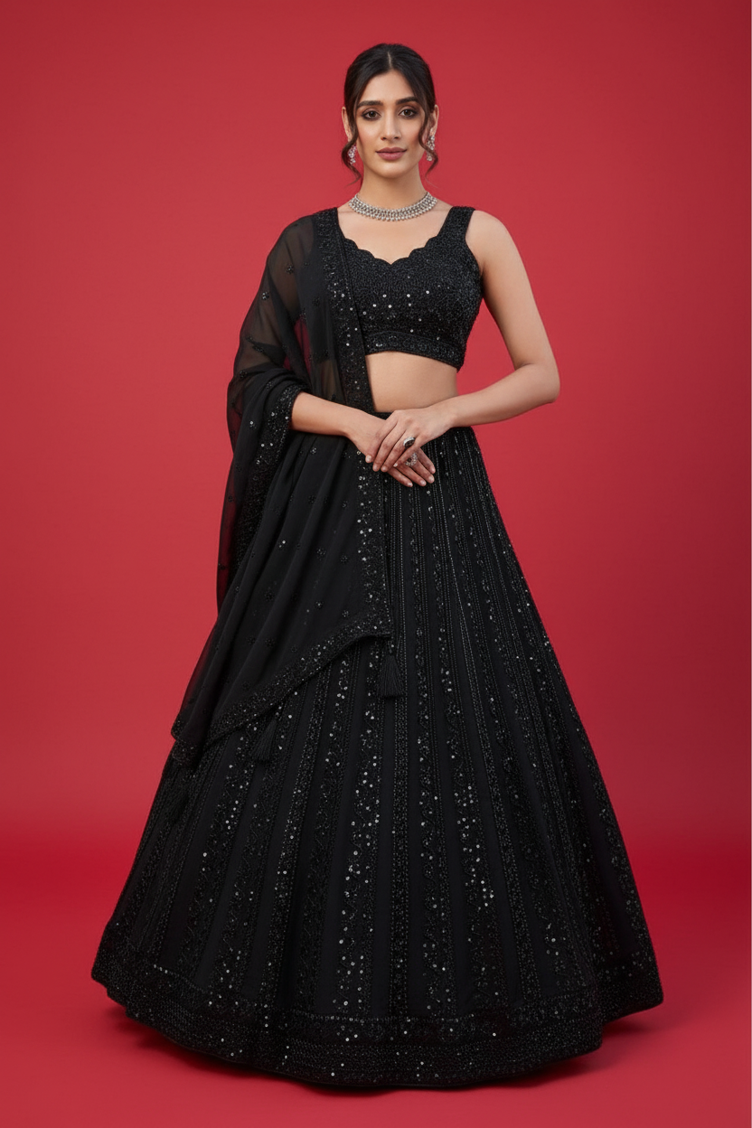 Black Silk Lehenga Choli with V Neck and Pearl Handwork