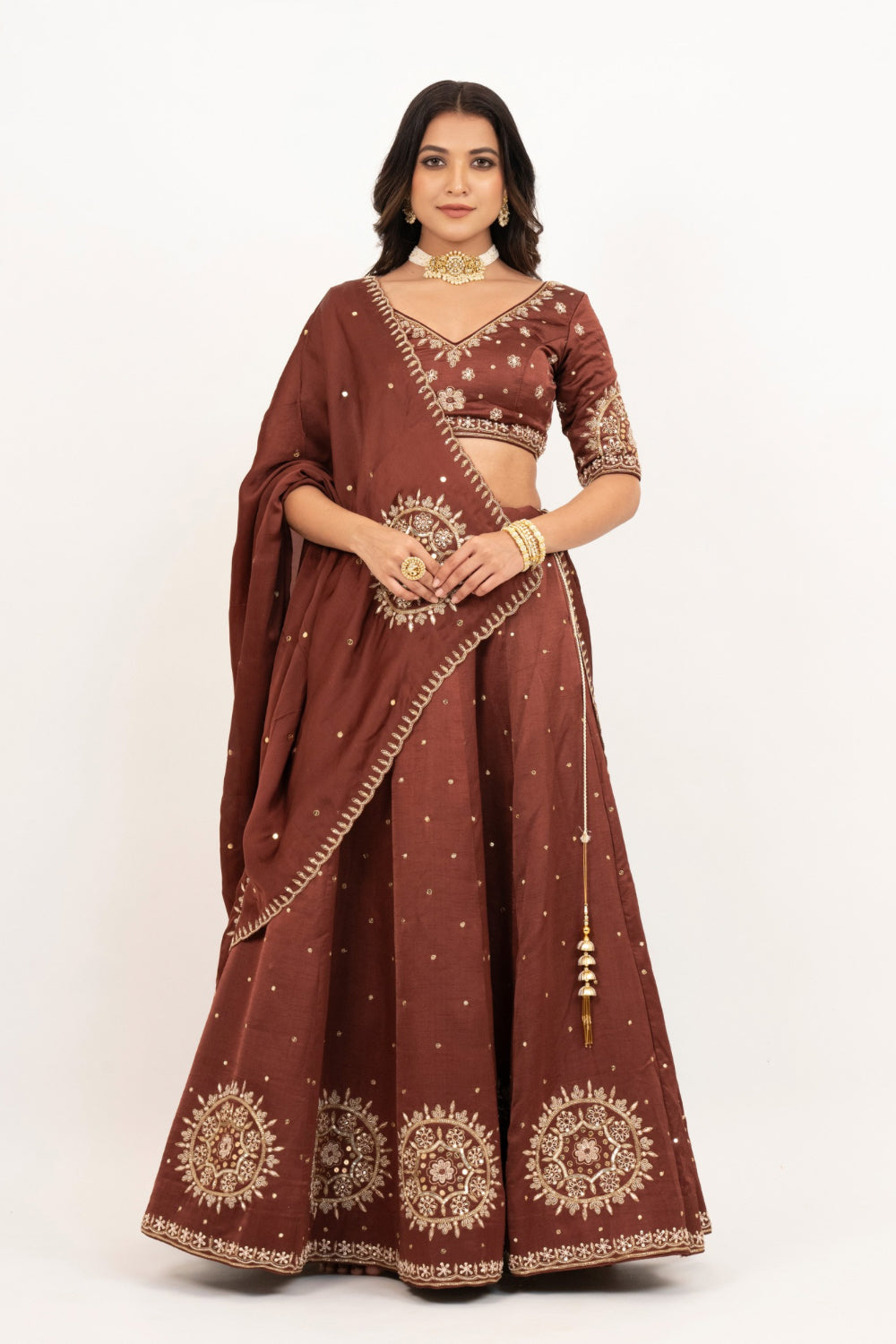 Brown soft silk zardozi embroidered lehenga choli with hand cut dana