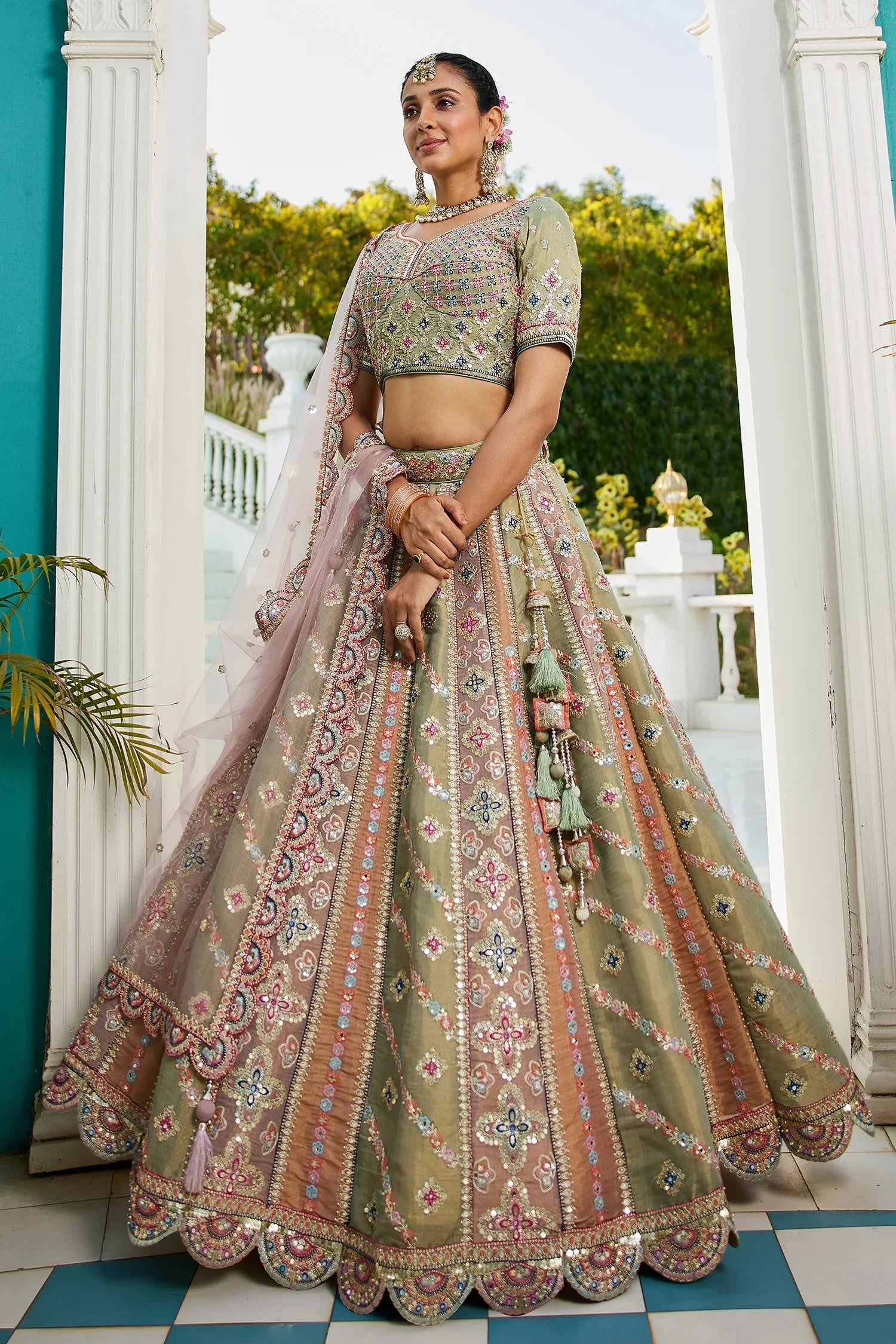 Green Tissue Embroidered Lehenga in Green & Multi Color with Sequin and Scallop Detailing