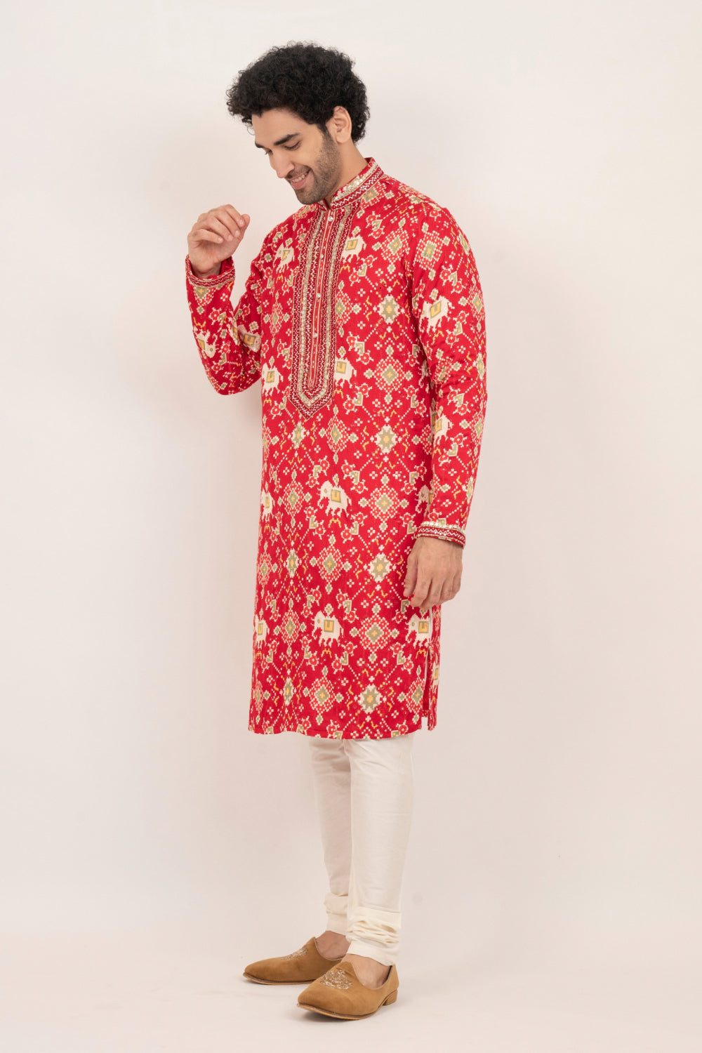 Bright red resham embroidered satin linen kurta set with kasab and mirror work