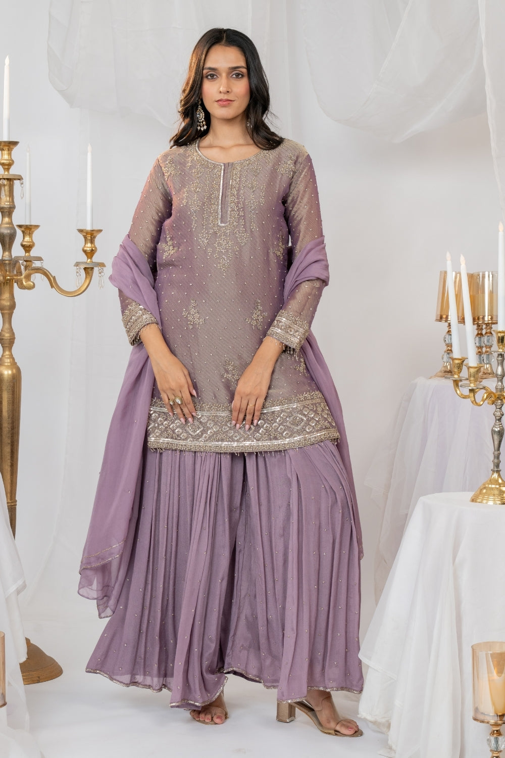 Light Purple Tissue Suit Set with Moti and Cutdana Work
