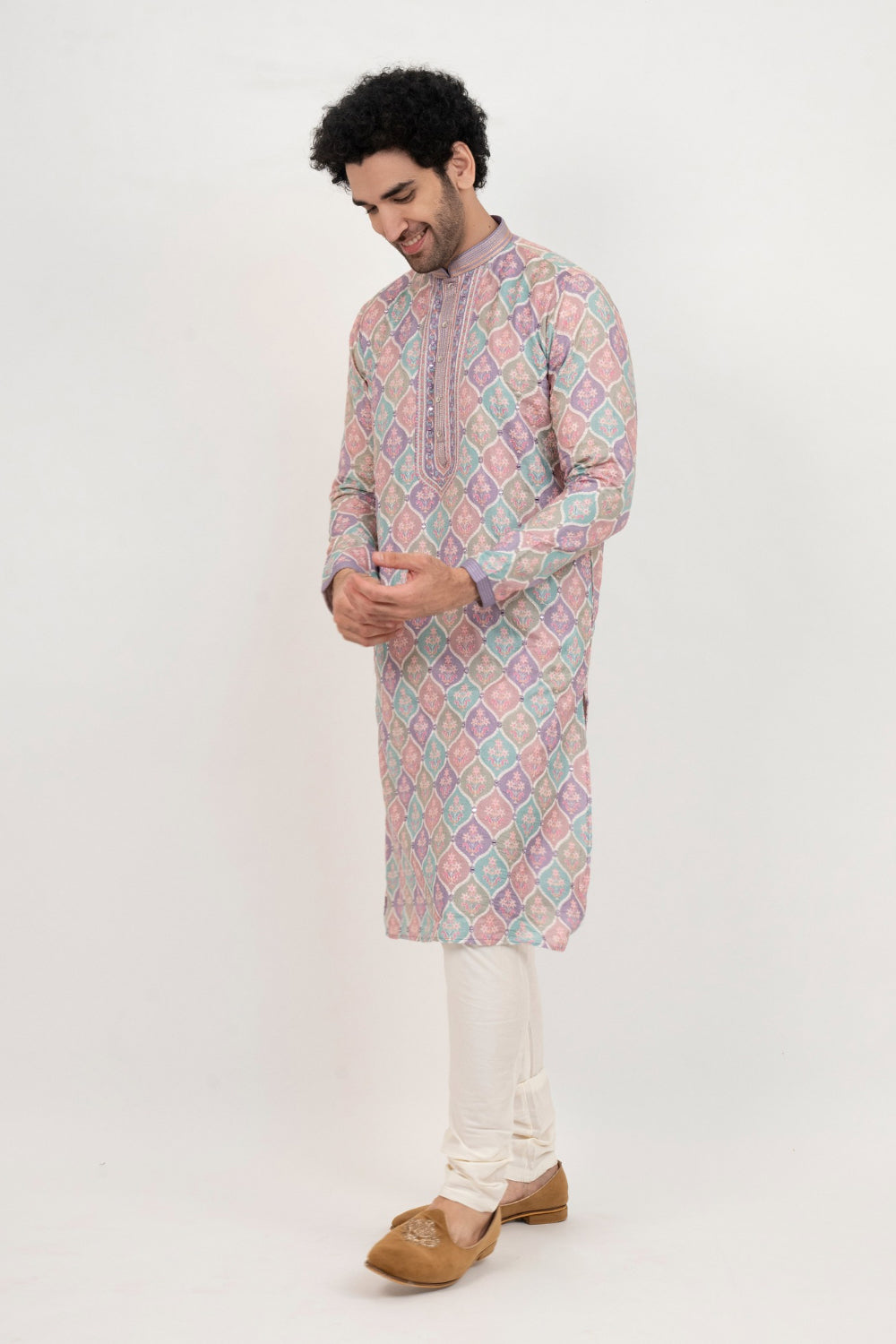 Multicolour lucknowi position print kurta set with mirror and thread work on yoke