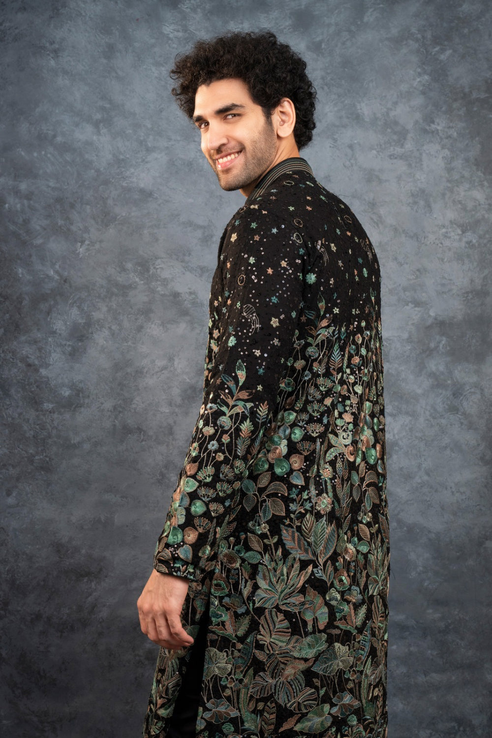 Black silk kurta set with multicolour resham embroidery and sequins work