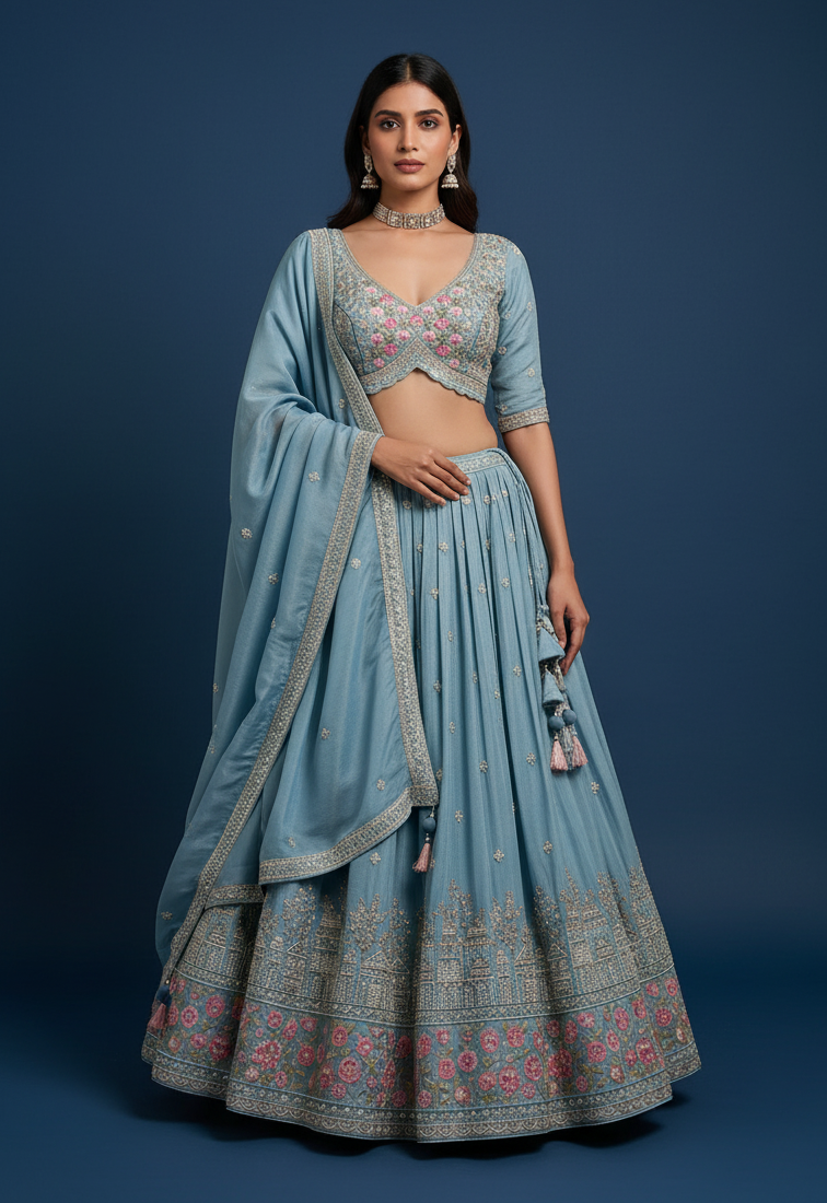 Powder Blue Silk Lehenga Choli With Hand Embroidery