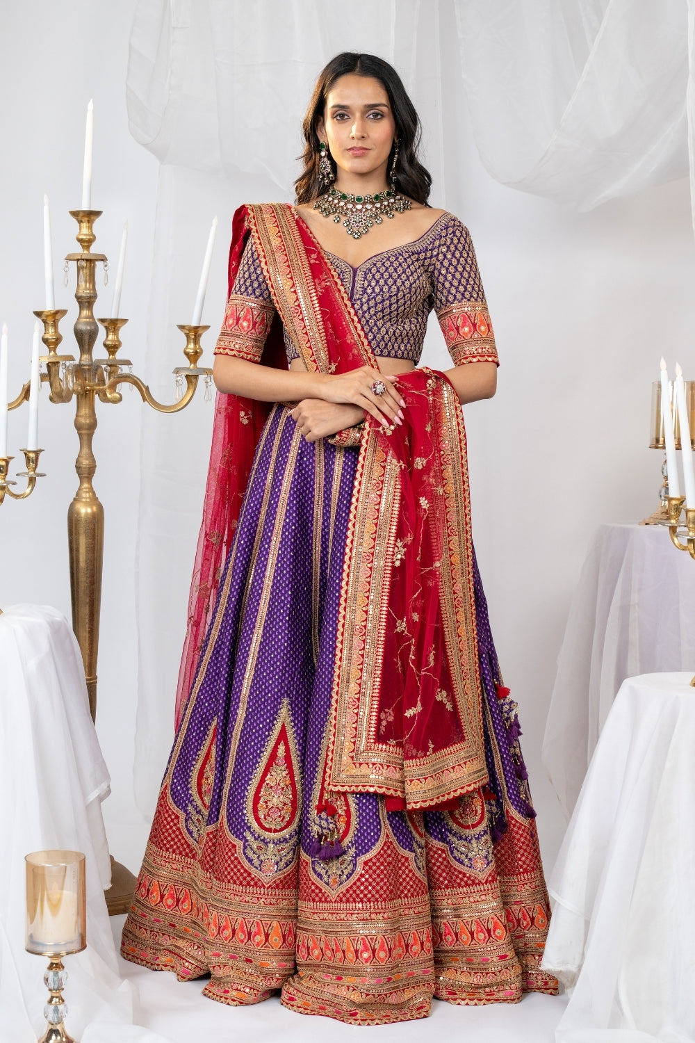 Purple & Red Tanchoi Silk Lehenga Choli Set with Metal Sequins and Resham Embroidery
