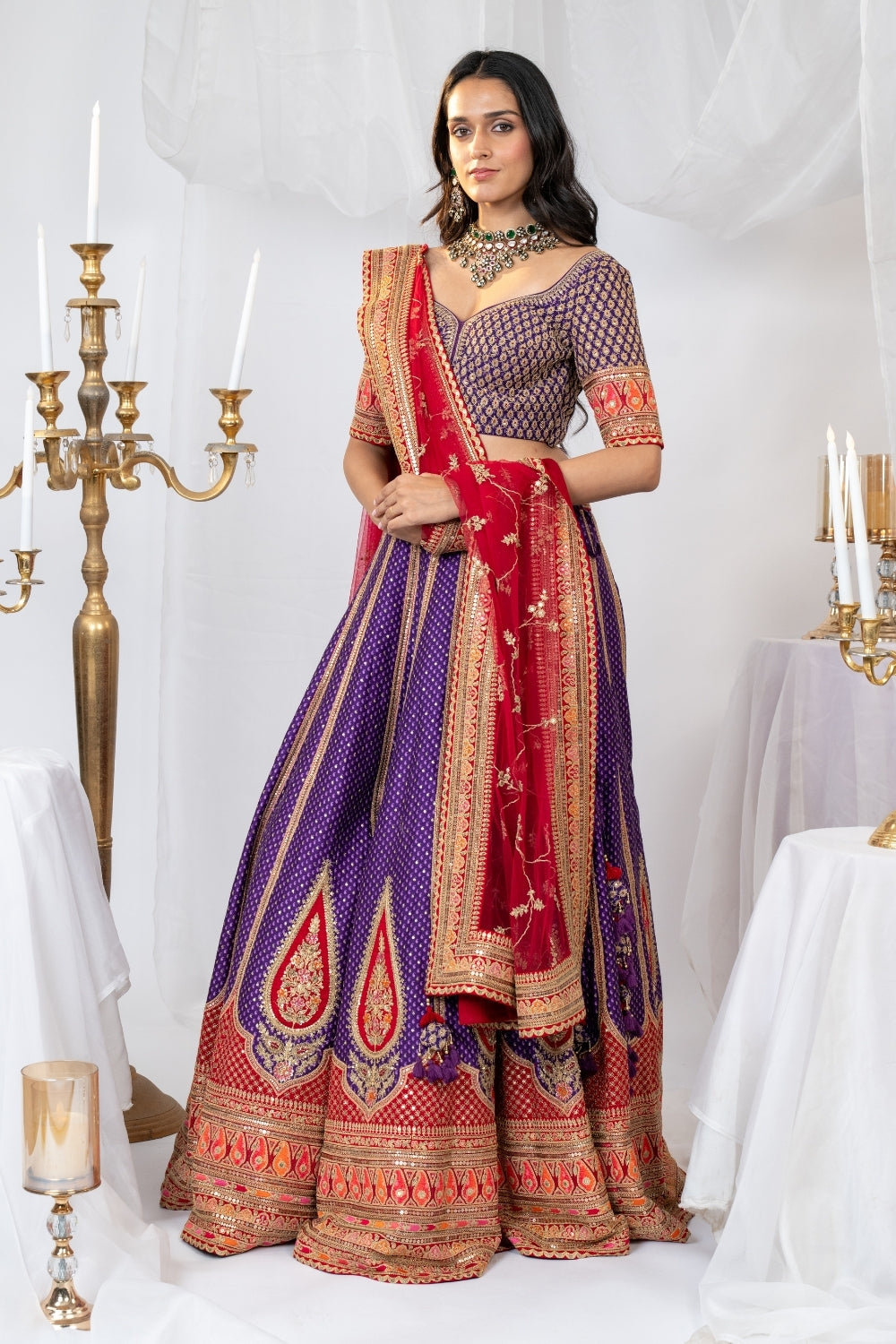 Purple & Red Tanchoi Silk Lehenga Choli Set with Metal Sequins and Resham Embroidery
