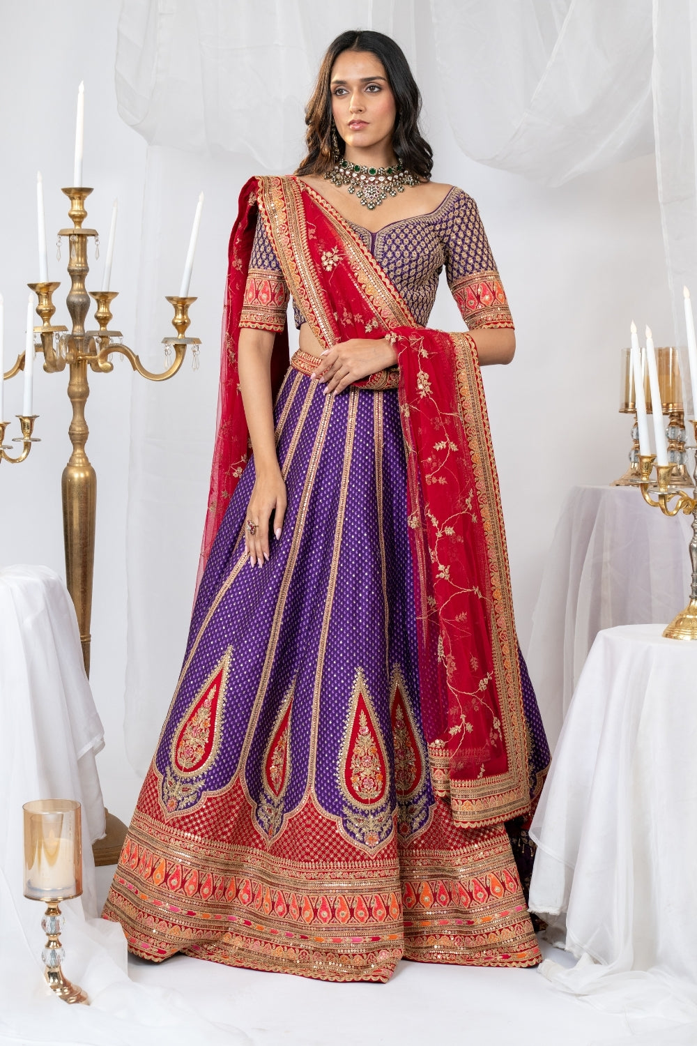 Purple & Red Tanchoi Silk Lehenga Choli Set with Metal Sequins and Resham Embroidery