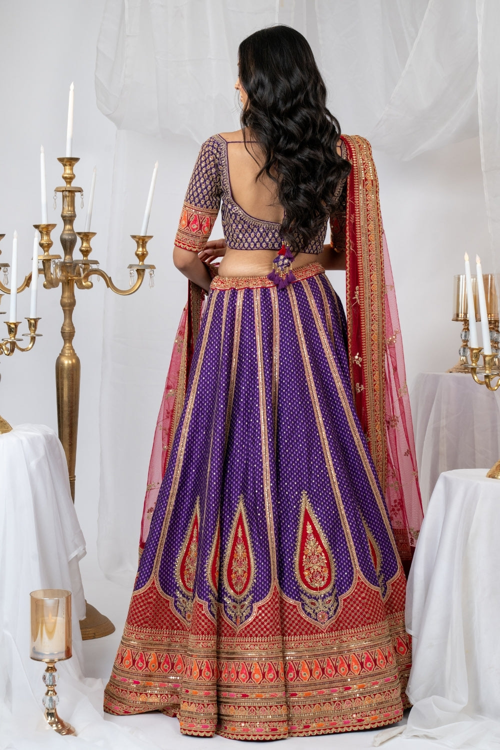 Purple & Red Tanchoi Silk Lehenga Choli Set with Metal Sequins and Resham Embroidery