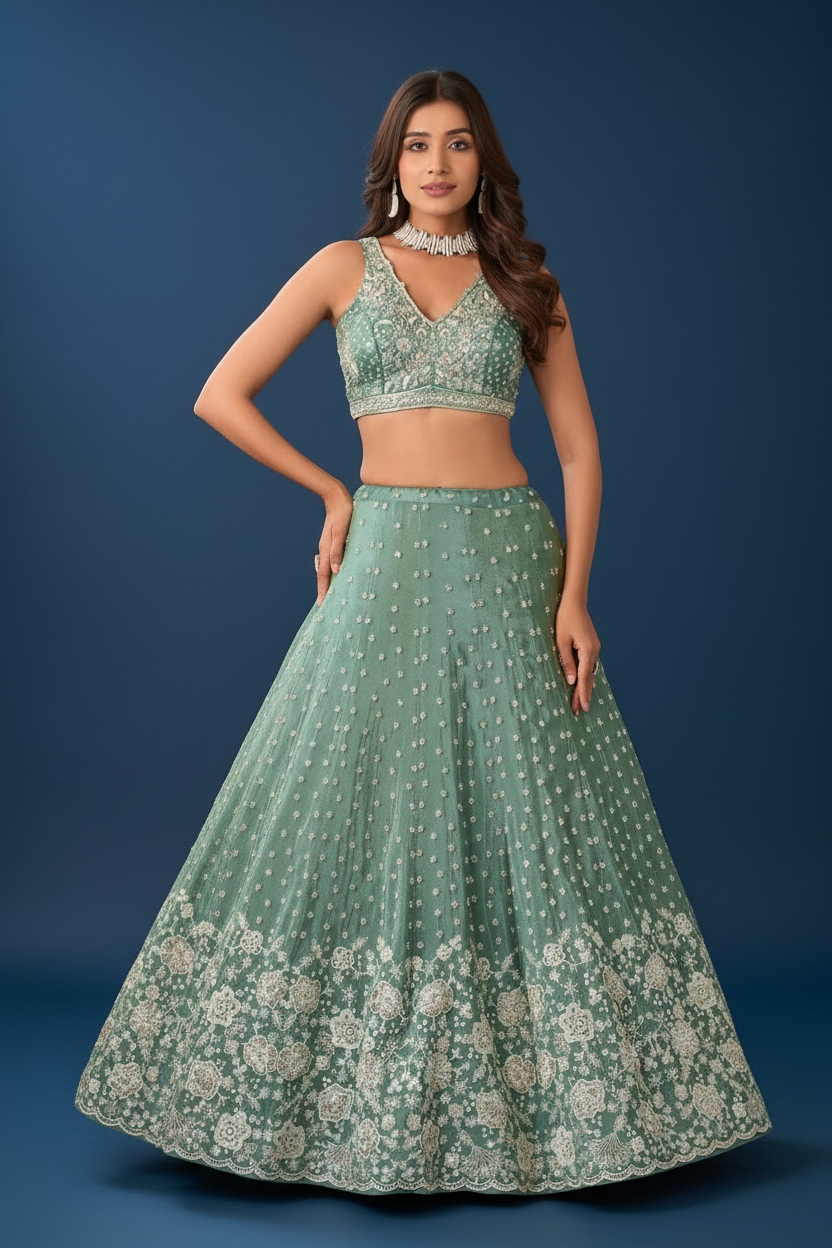 Sage Green Silk Lehenga Choli With Hand Embroidery