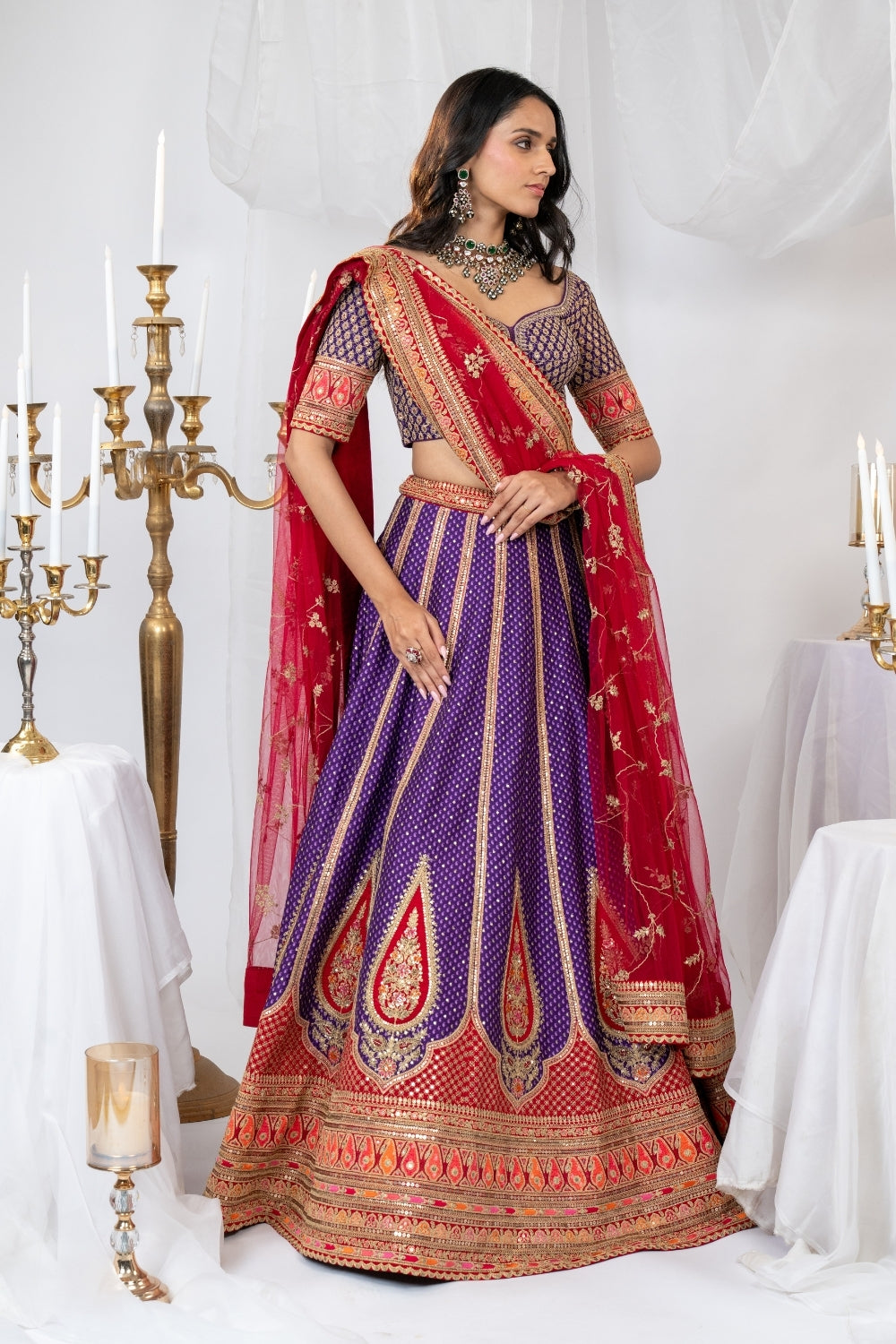 Purple & Red Tanchoi Silk Lehenga Choli Set with Metal Sequins and Resham Embroidery