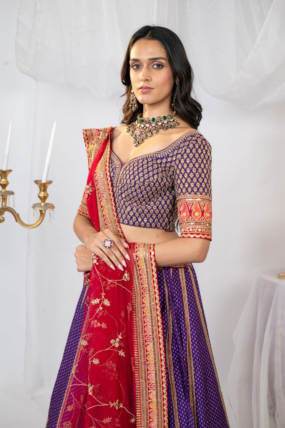 Purple & Red Tanchoi Silk Lehenga Choli Set with Metal Sequins and Resham Embroidery