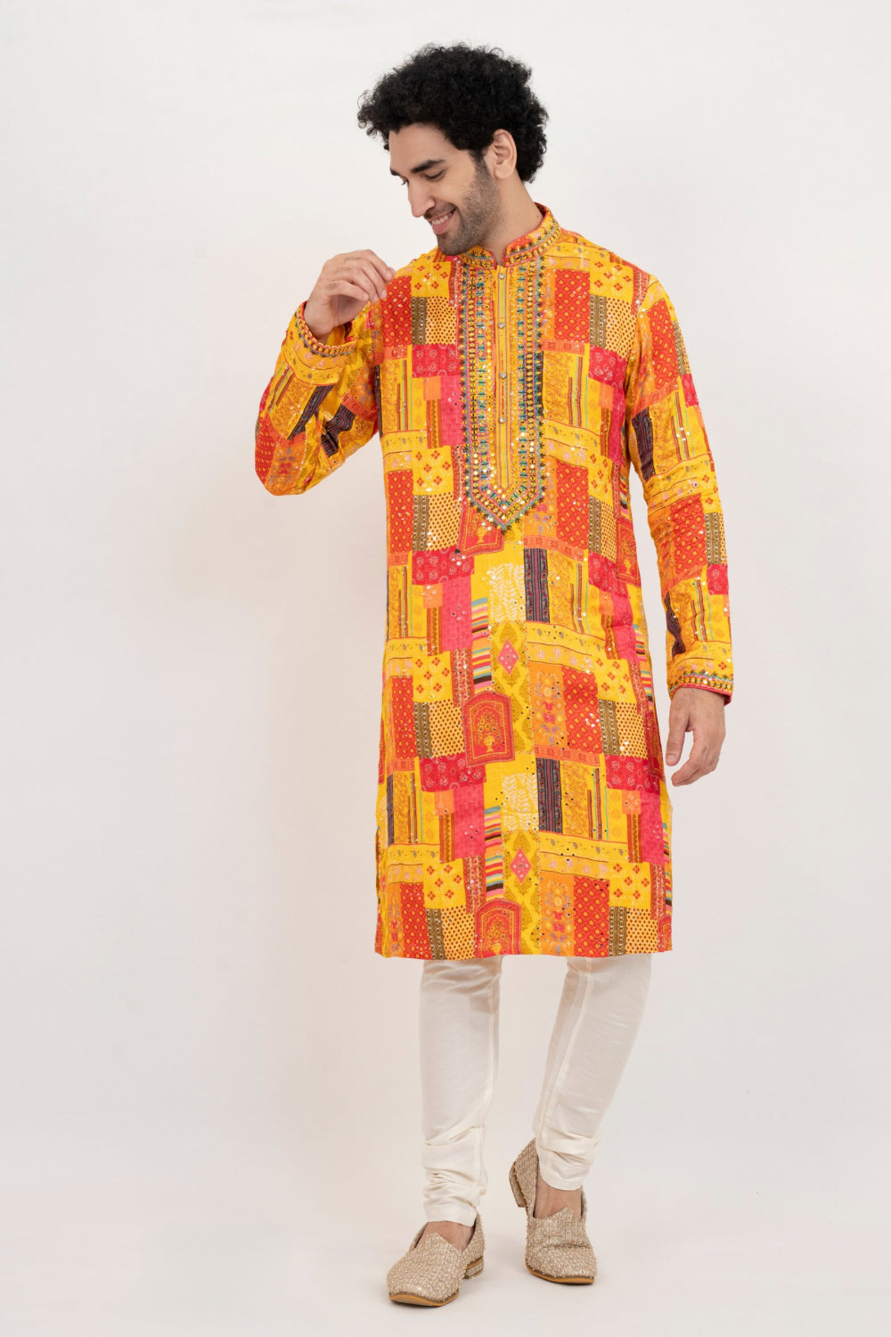 Multicolour resham embroidered satin lenin kurta set with kasab and mirror work