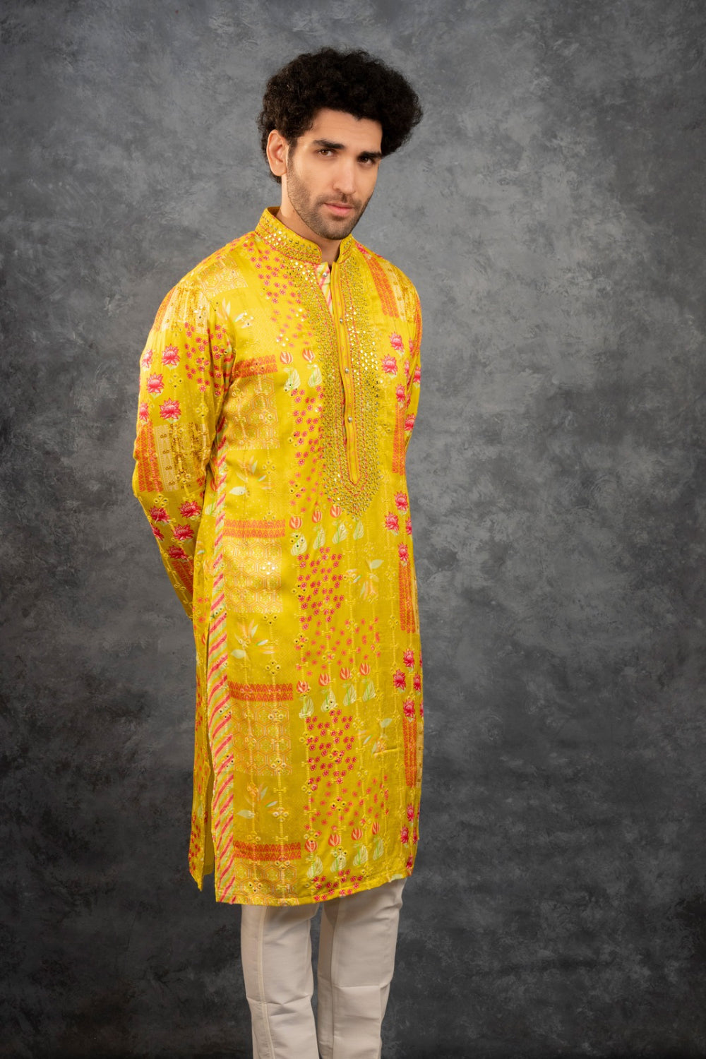 Yellow printed silk kurta set with mirror embroidery