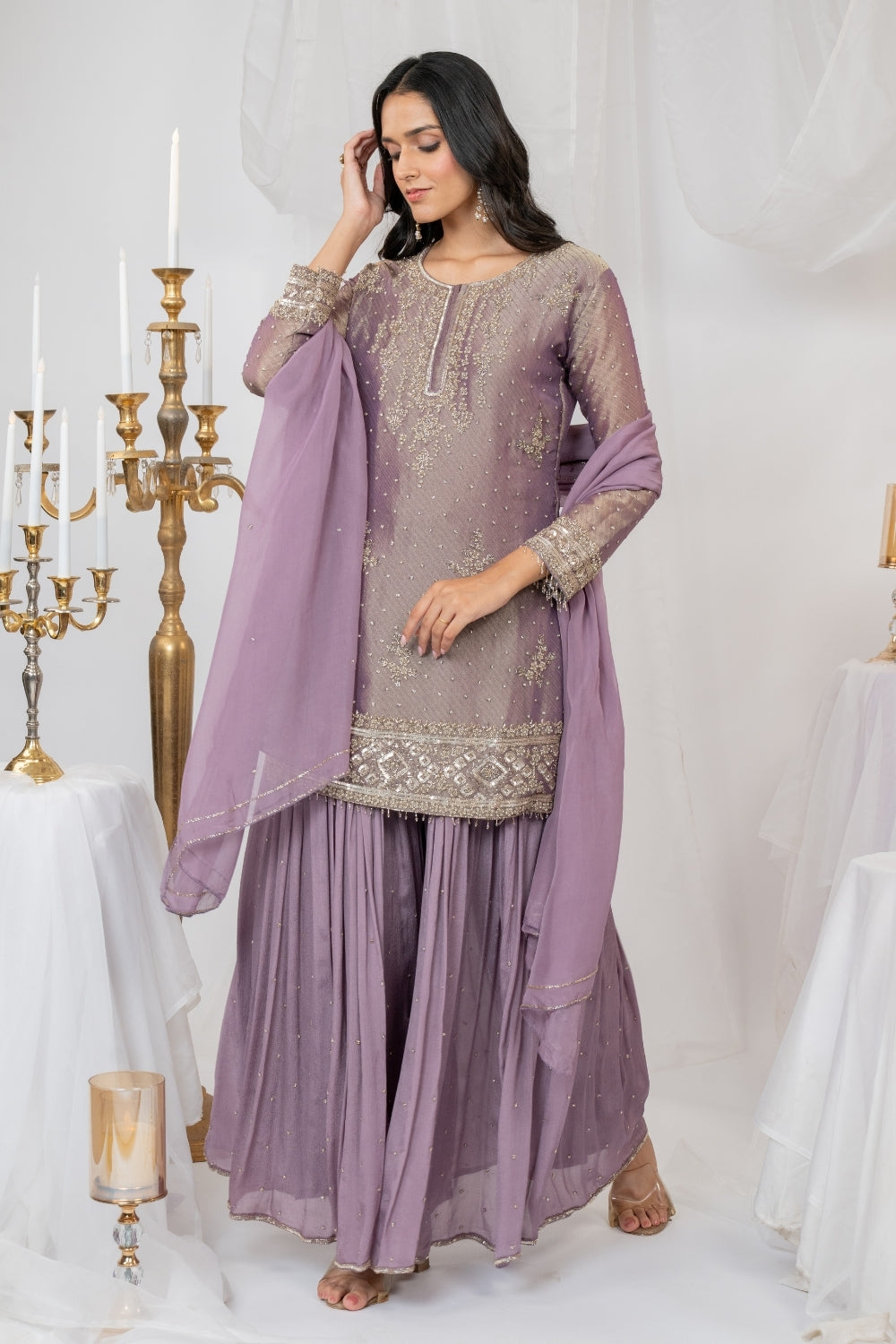 Light Purple Tissue Suit Set with Moti and Cutdana Work
