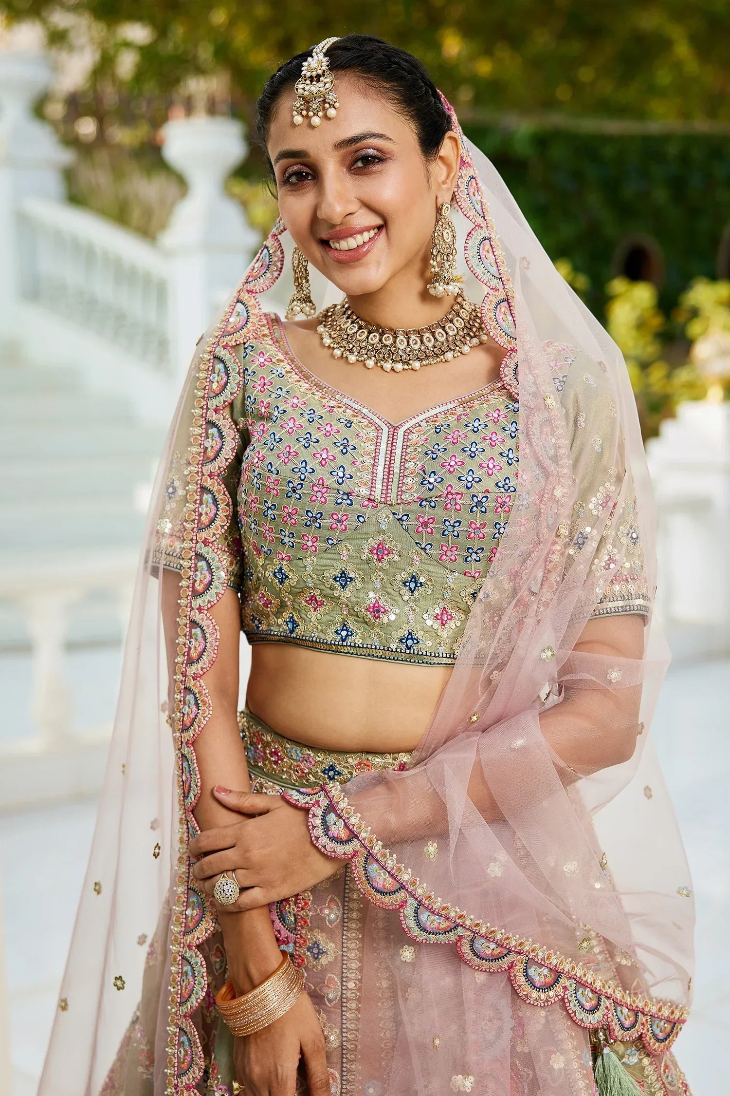 Green Tissue Embroidered Lehenga in Green & Multi Color with Sequin and Scallop Detailing