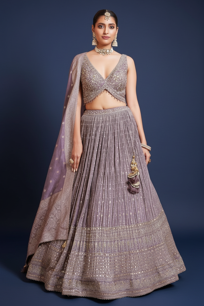 Lilac Purple Chinon Flared Desginer Lehenga with Sequin and Zari Embroidery