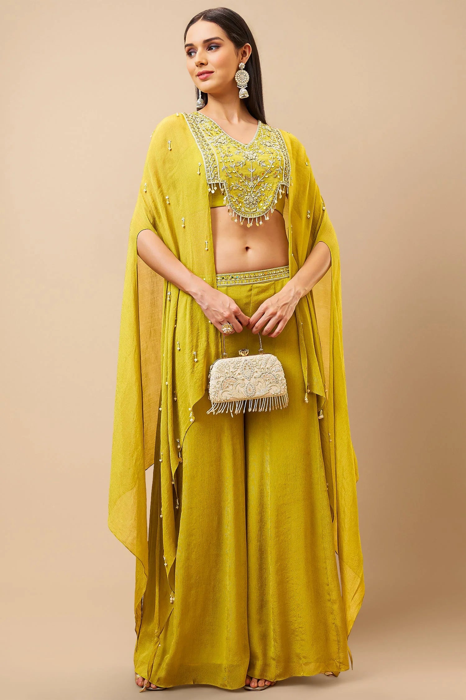 Yellow Crush Chinon Cape Sleeve Handwork Crop Top Palazzo Set