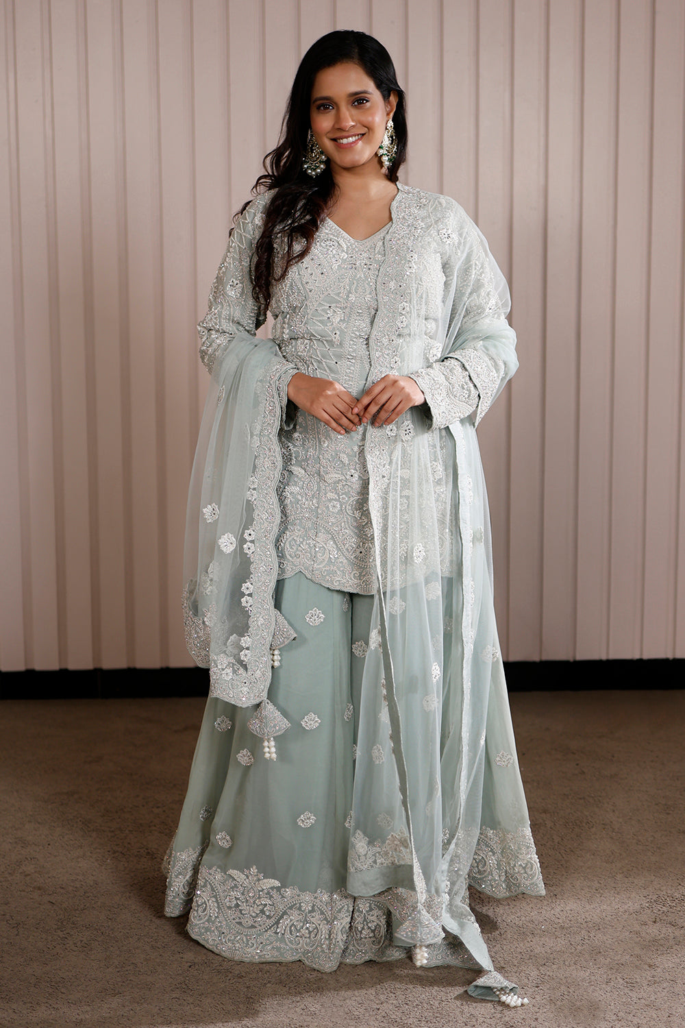 Aqua Georgette with Heavy Pearl Embroidery Sharara Set.