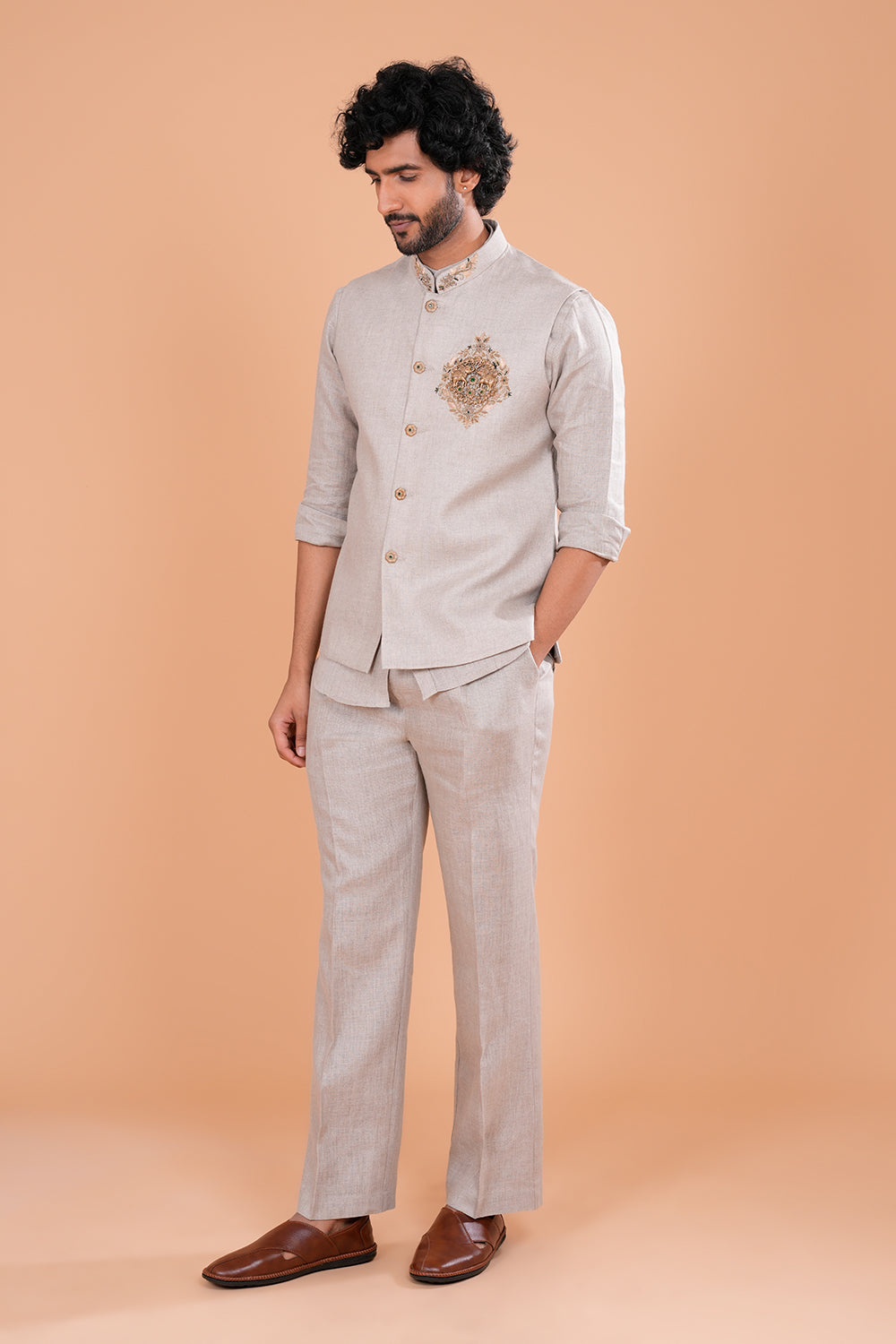 Ash Grey Embroidered Bundi Set