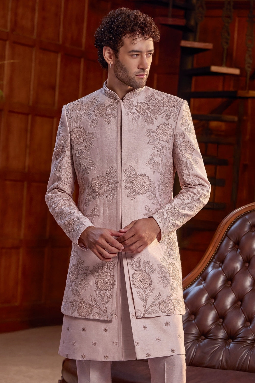 BABY PINK ROW SILK INDO WESTERN WITH CUTDANA AND SEQUINS