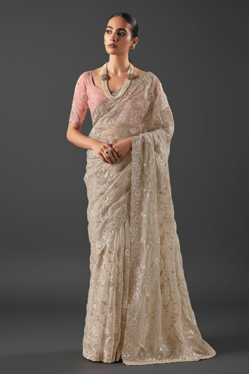 BEIGE ORGANZA SAREE WITH STONE AND RESHAM EMBROIDERY