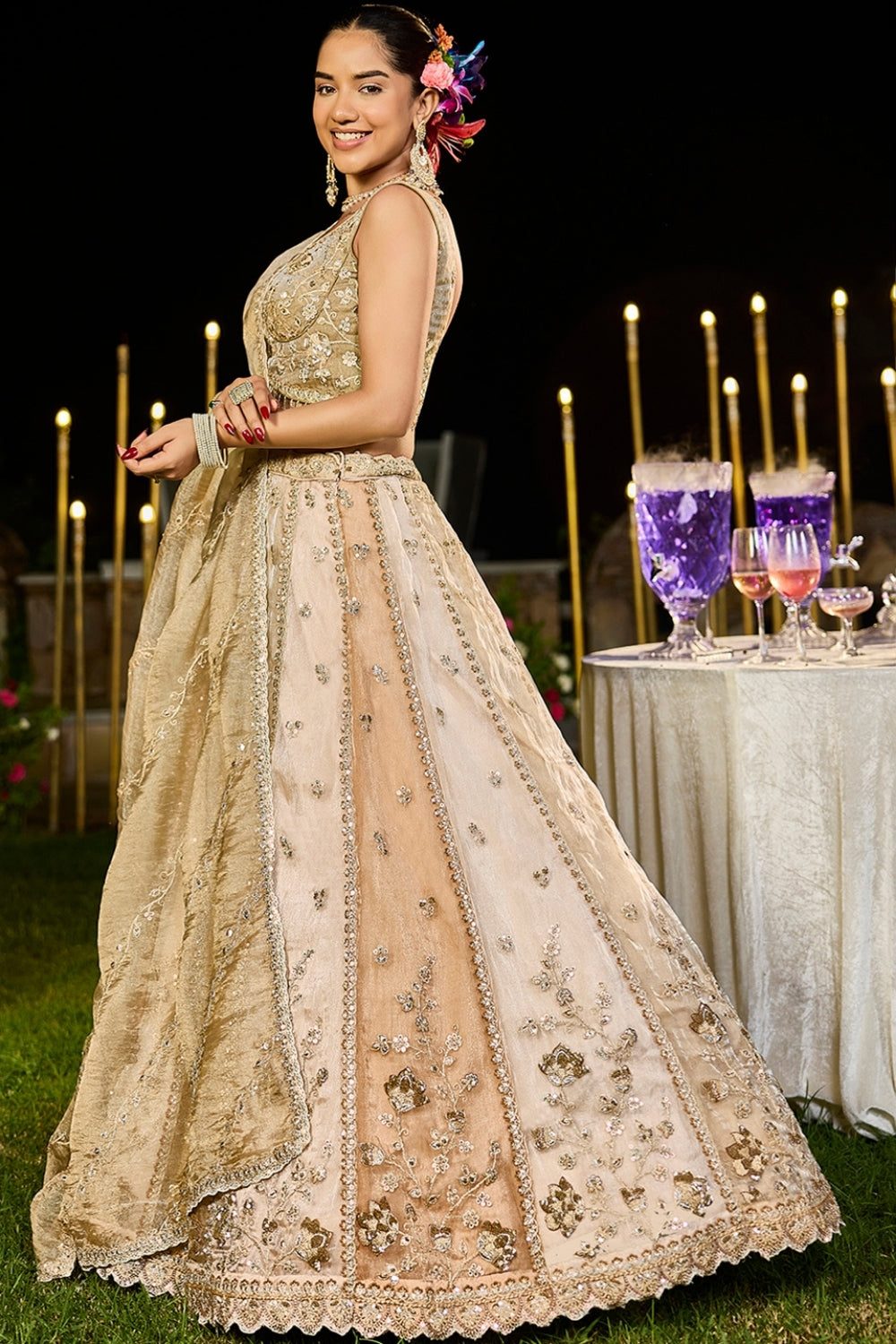BEIGE SATIN SILK LEHENGA CHOLI WITH CUTDANA AND SEQUINS