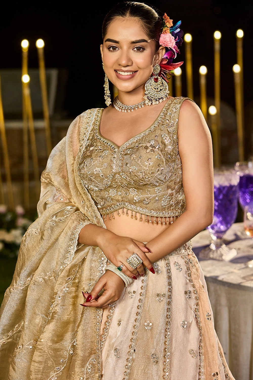 BEIGE SATIN SILK LEHENGA CHOLI WITH CUTDANA AND SEQUINS