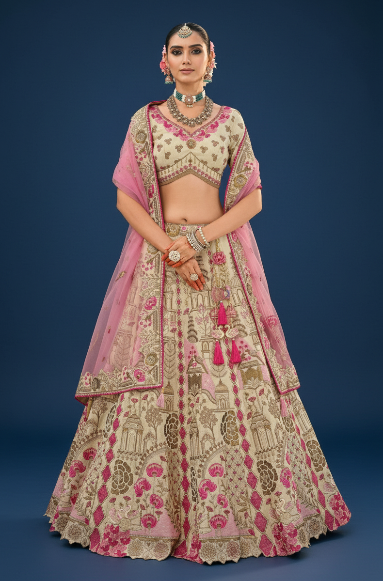 BEIGE SILK BRIDAL LEHENGA WITH DORI AND RESHAM EMBROIDERY AND DORI