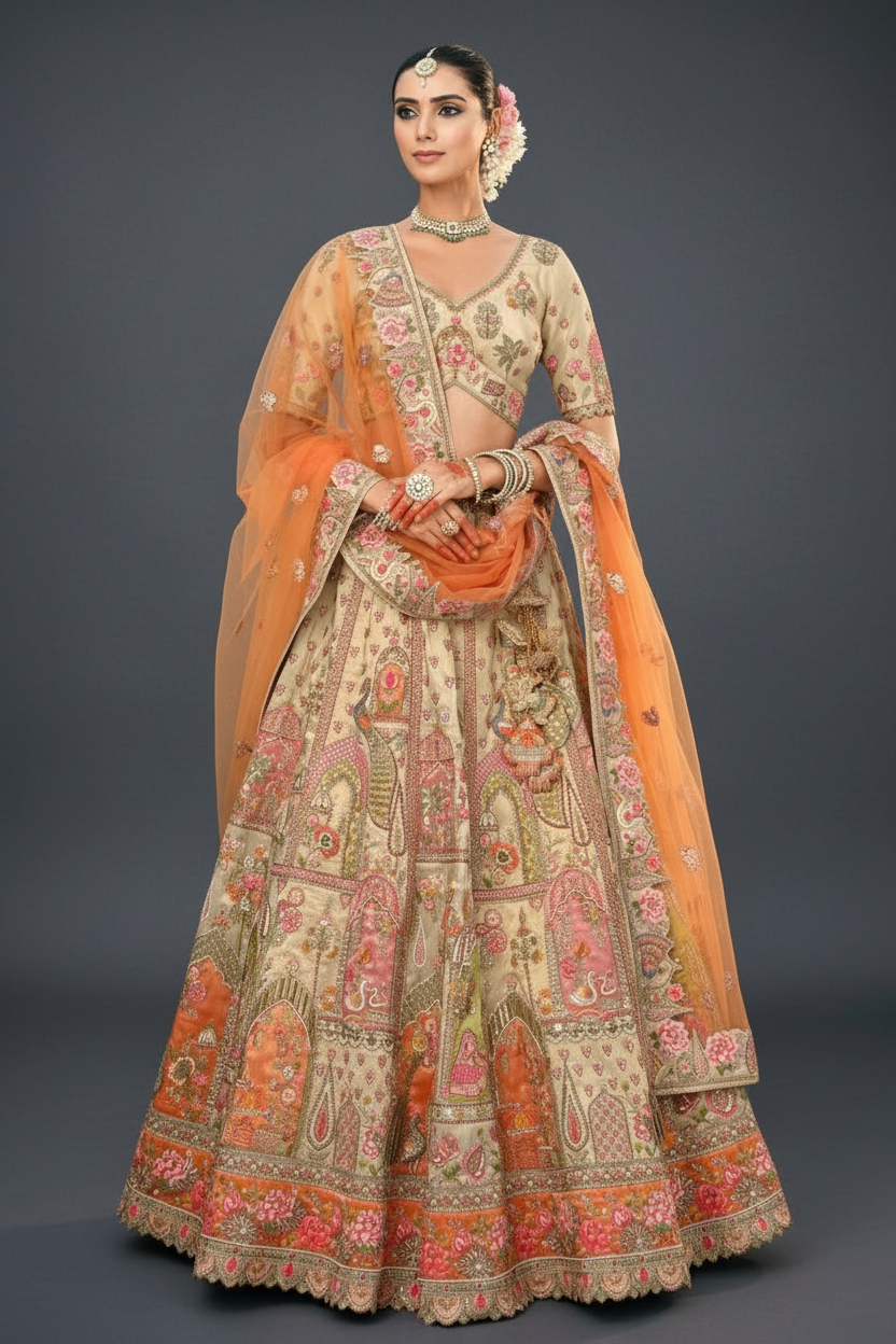 BEIGE SILK BRIDAL LEHENGA WITH SEQUINS AND MOTI WORK