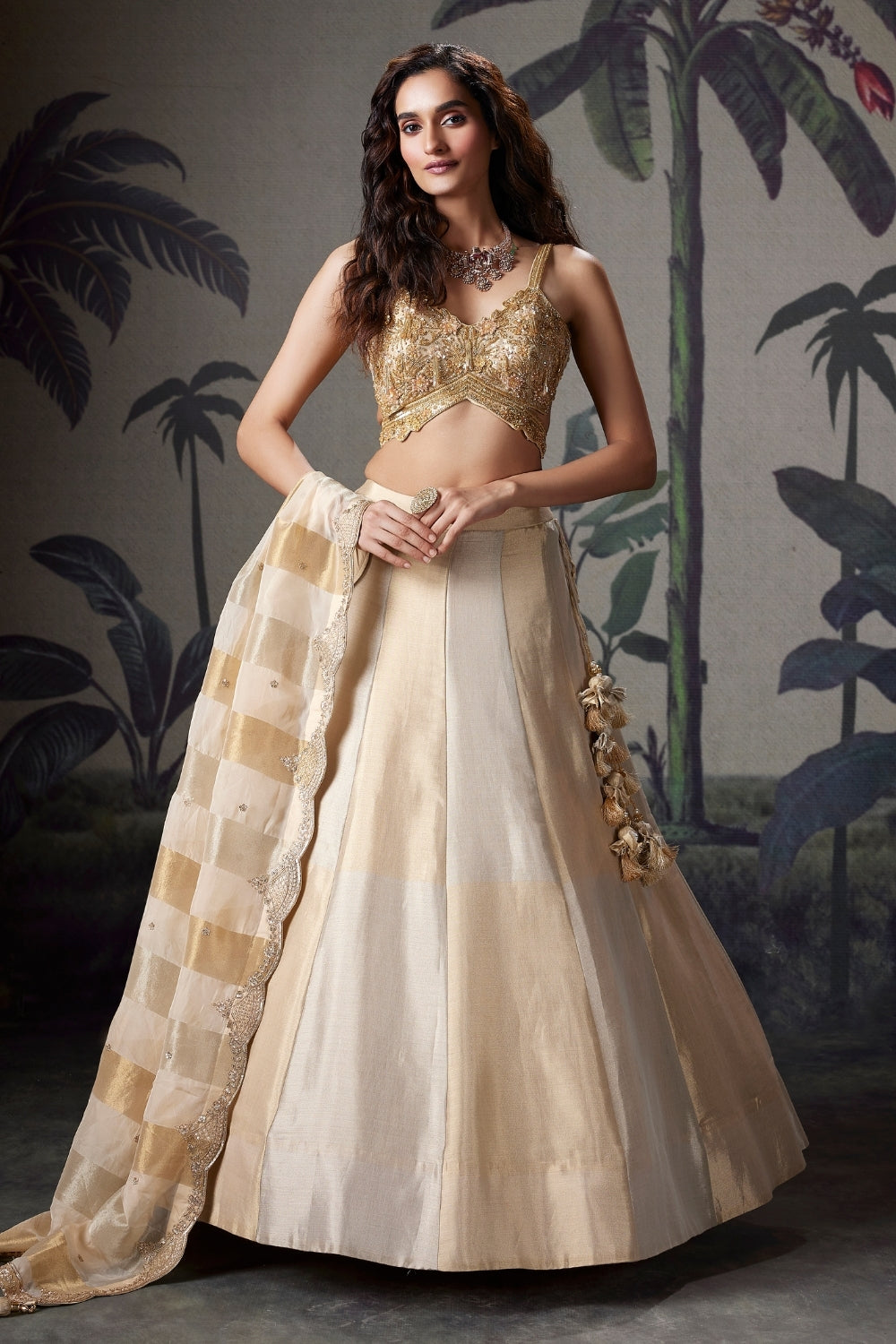 BEIGE TISSUE SILK LEHENGA SET WITH BEADS AND CUTDANA