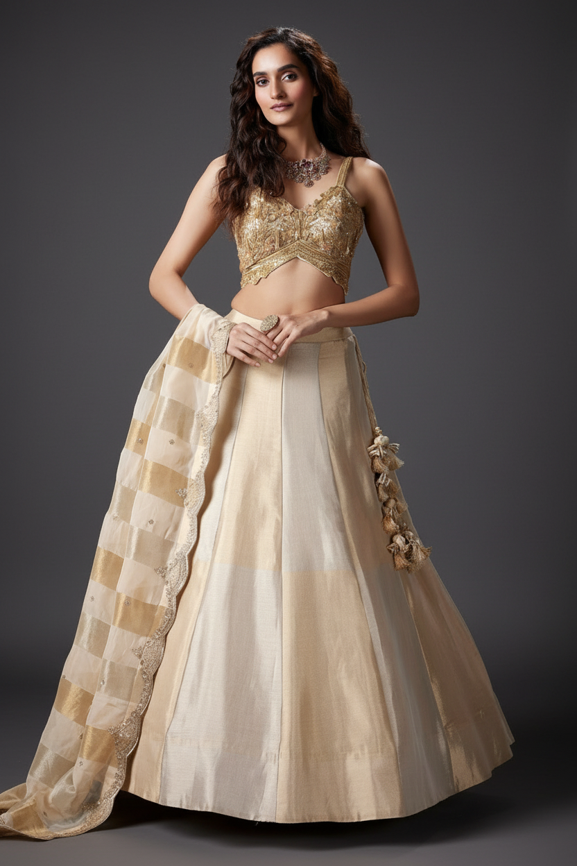 BEIGE TISSUE SILK LEHENGA SET WITH BEADS AND CUTDANA
